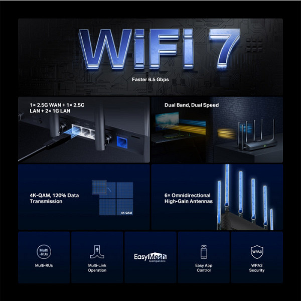MERCUSYS MR37BE BE6500 Dual-Band WiFi7 brezžični usmerjevalnik-router