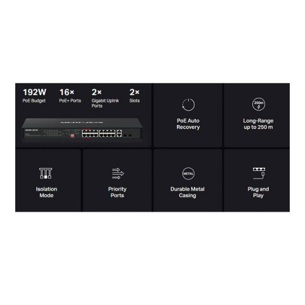MERCUSYS MS120GP 20-port 16x Gigabit PoE+ RJ45 2x Gigabit RJ45 2x SFP mrežno stikalo switch