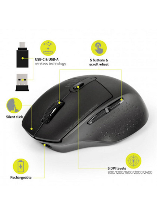 Miška PORT brezžična, BT, USB-A & USB-C, polnilna