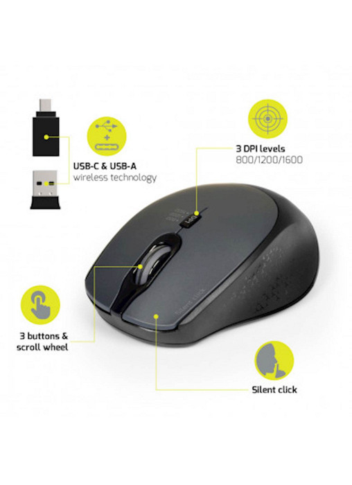 Miška PORT brezžična, USB-A & USB-C, tiha, črna