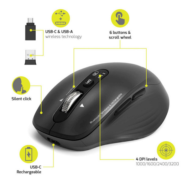 Miška PORT BUSINESS WL+BT, USB-A / C, polnilna