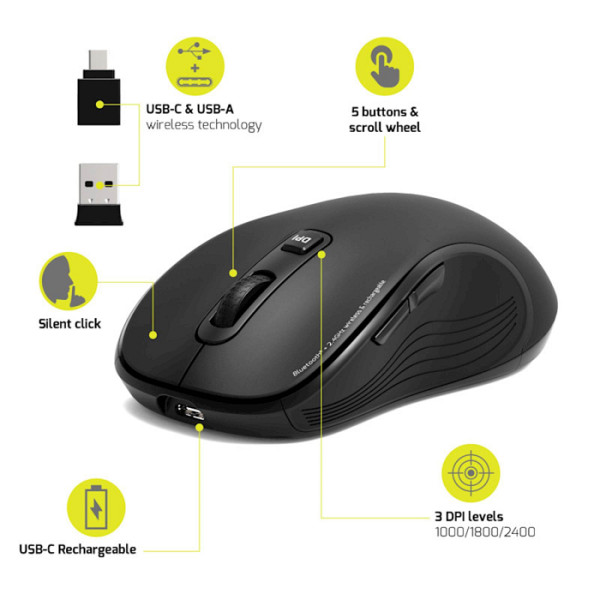 Miška PORT Essentiel WL+BT, USB- C, polnilna
