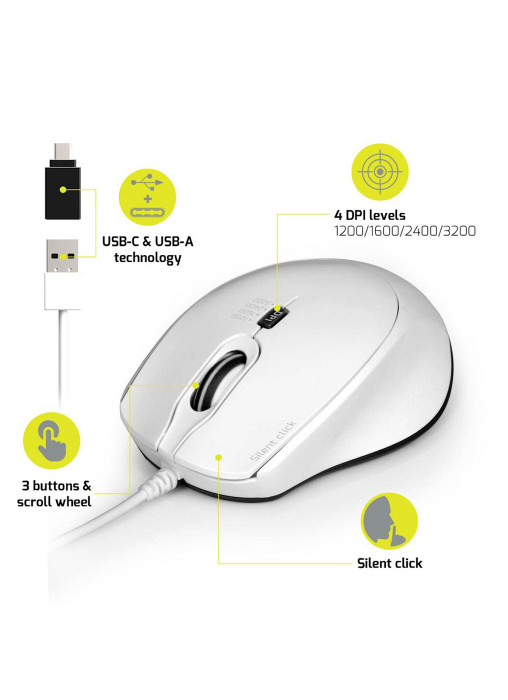 Miška PORT USB-A/USB-C, tiha, bela, 3600 dpi