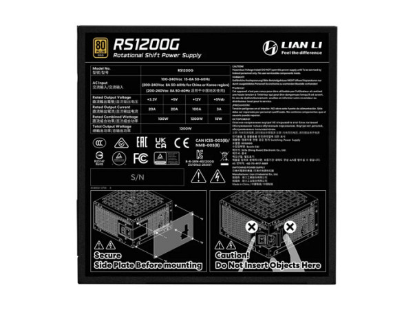 Napajalnik ATX Lian Li RS 1200W, 80 PLUS Gold, 12V-2×6, HUB, Modularen, črn