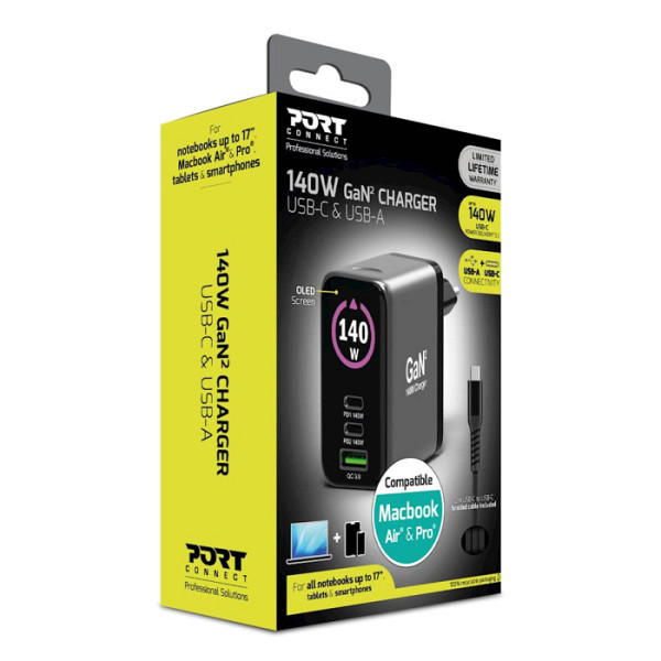 Polnilnik GAN PORT usb-C in Usb-A 140 W2, OLED z
