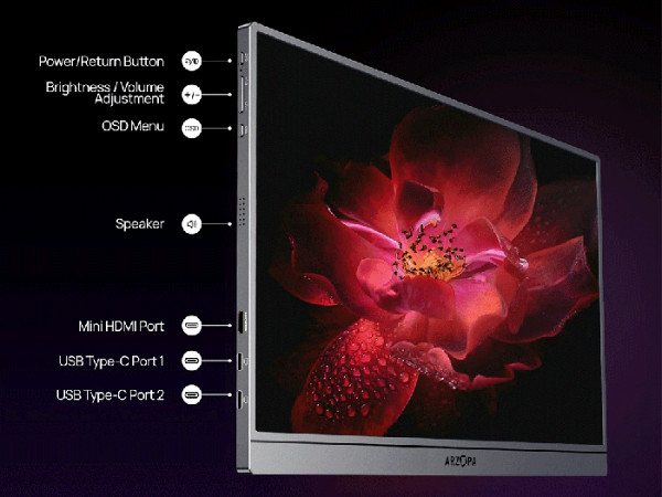 Prenosni monitor 15.6'' (40 cm) FullHD, IPS, 60Hz, mHDMI, USB-C, zvočniki, ARZOPA A1 Pro, siva