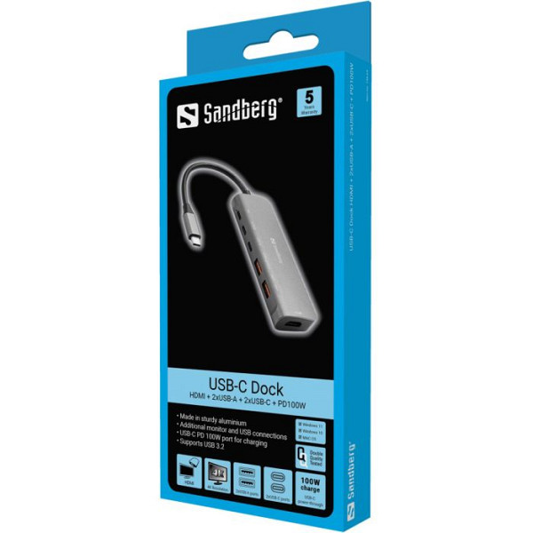 Sandberg USB-C Dock HDMI + 2xUSB-A + 2xUSB-C + PD 100W priklopna postaja