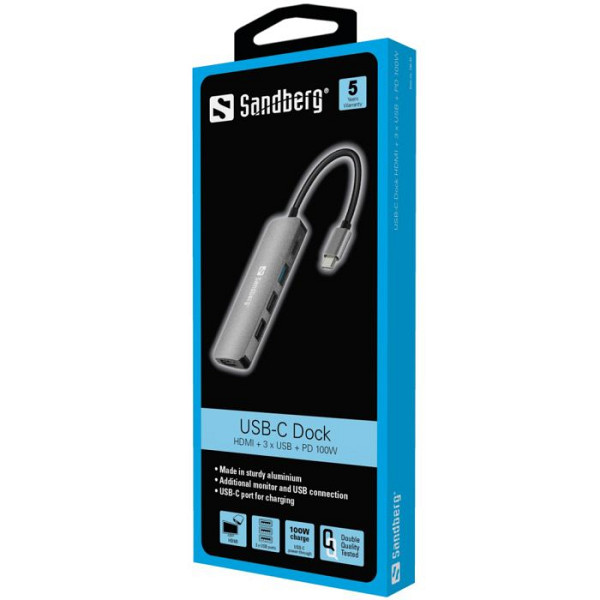 Sandberg USB-C Dock HDMI+3xUSB+PD 100W priklopna postaja