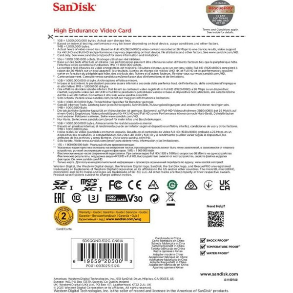 SanDisk 512GB High Endurance microSD Class 10 U3 V30 spominska kartica z adapterjem