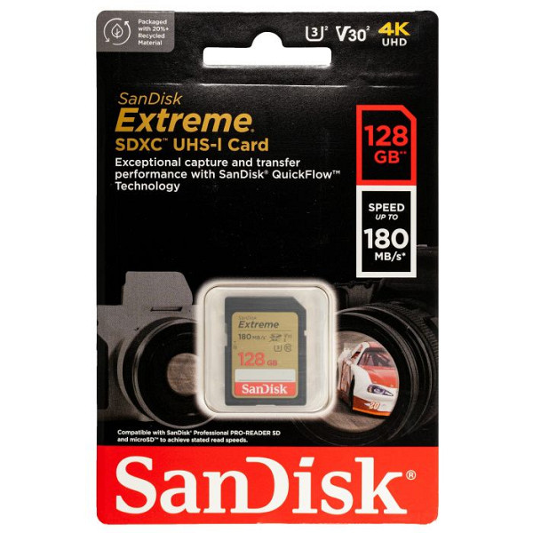 SanDisk Extreme 128GB SDXC spominska kartica + 1 leto RescuePRO Deluxe do180MB/s & 90MB/s branje/zap