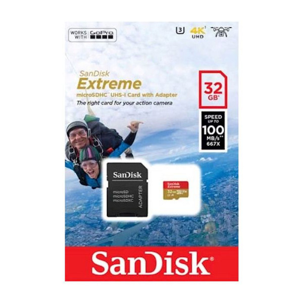 SanDisk Extreme microSDHC 32GB + SD Adapter for Action Sports Cameras - 100MB/s A1 C10 V30 UHS-I U3