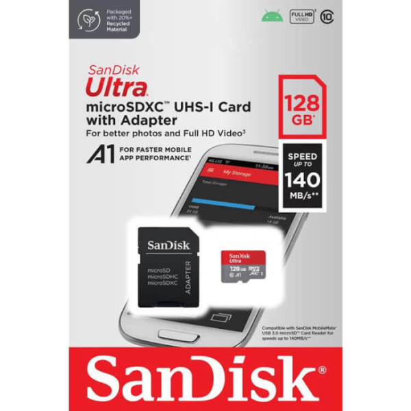 SANDISK Ultra microSDXC 128GB Class 10 UHS-I U1 V10 A1 FHD SD adapter SDSQUAB-128G-GN6MA spominska kartica