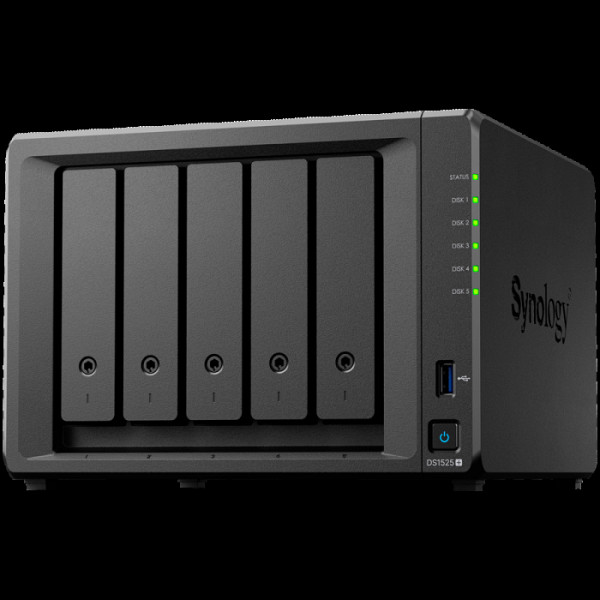 Synology DiskStation DS1525+ Tower, 5-Bays 3.5'' SATA HDD/SSD, 2 x M.2 2280 NVMe SSD slot, CPU AMD Ryzen V1500B 4-core 2.2 GHz, 8 GB DDR4 ECC SODIMM, 2x RJ-45 2.5 GbE LAN Port; 2x USB 3.2; 1 xUSB Type-C expansion port; 2.67 kg; 3yr warranty