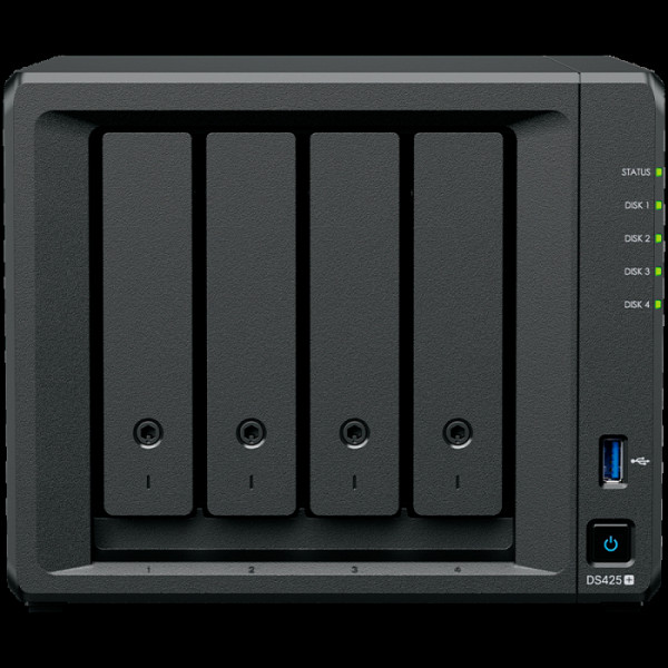 Synology DiskStation DS425+ Tower, 4-Bays 3.5'' SATA HDD/SSD, 2 x M.2 2280 NVMe SSD slot, CPU Intel Celeron J4125  4-core 2.0 GHz, 2 GB DDR4 non-ECC SODIMM, 1x RJ-45 2.5 GbE LAN, 1x RJ-45 1GbE LAN Port; 2x USB 3.2;  2.18 kg; 3yr warranty