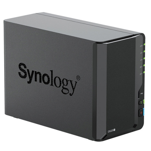Synology DS225+, Tower, 2-bays 3.5'' SATA HDD/SSD, CPU Inte Celeron J4125 4-core (4-thread) 2.0 GHz, burst up to 2.7 GHz, 2 GB DDR4 non-ECC (expandable up to 6 GB), 1xRJ-45 1GbE LAN, 1xRJ-45 2.5 GbE LAN, 2xUSB 3.2 Gen 1, 1.3 kg, 3yr warranty