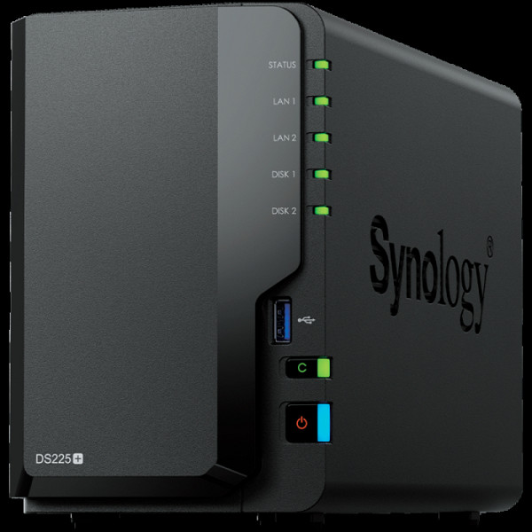 Synology DS225+, Tower, 2-bays 3.5'' SATA HDD/SSD, CPU Inte Celeron J4125 4-core (4-thread) 2.0 GHz, burst up to 2.7 GHz, 2 GB DDR4 non-ECC (expandable up to 6 GB), 1xRJ-45 1GbE LAN, 1xRJ-45 2.5 GbE LAN, 2xUSB 3.2 Gen 1, 1.3 kg, 3yr warranty