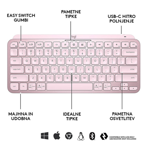Tipkovnica Logitech MX Keys Mini, roza, SLO g.