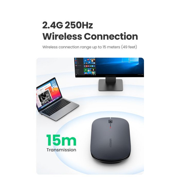 Ugreen brezžična tiha, tanka in lahka miška 2.4GHz, 400DPI svetlo siva - box