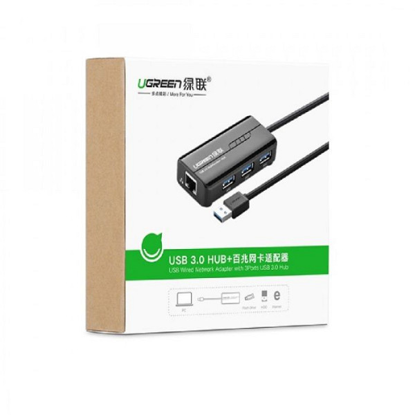 Ugreen USB 3.0 hub na 3x USB A in RJ45 - box