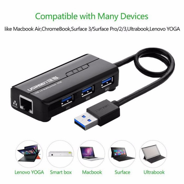 Ugreen USB 3.0 hub na 3x USB A in RJ45 - box