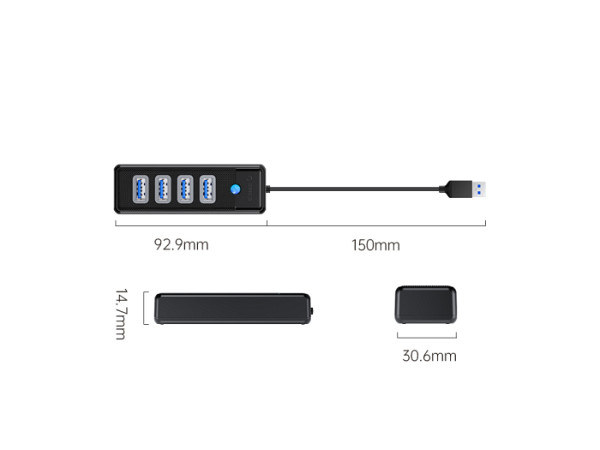 USB hub s 4 vhodi, USB 3.0, 0.15m, črn, ORICO PW4U-U3-015