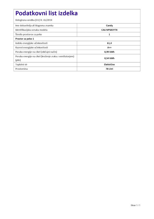Vgradna pečica CANDY CA6 NP5B3YTX, inox, A++
