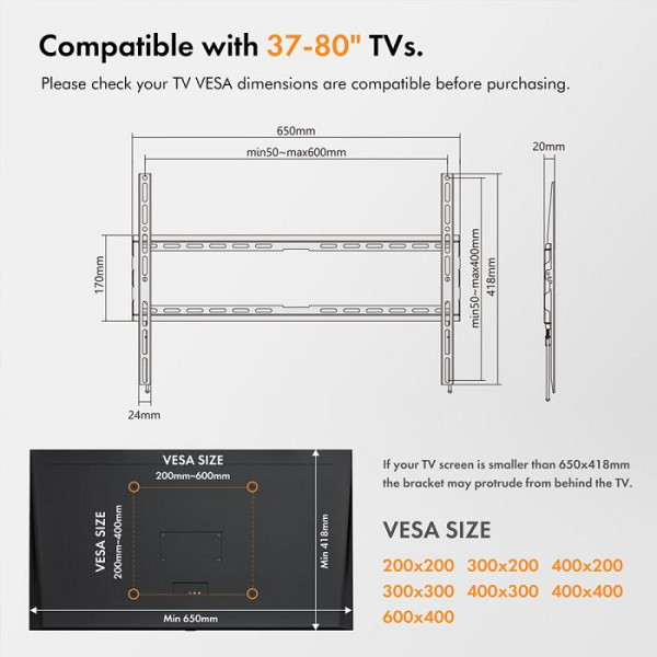 VonHaus 37-70 fiksen TV stenski nosilec do 35kg