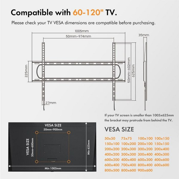 VonHaus 60-120 fiksen TV stenski nosilec do 120kg