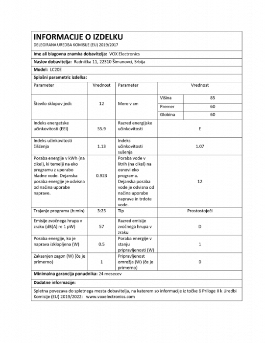 VOX pomivalni stroj LC 20 E [E, 12 pogr., 5 programov, bel]